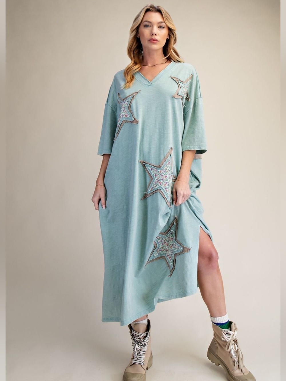Easel Star patchwork shirt dress Sage blue boho